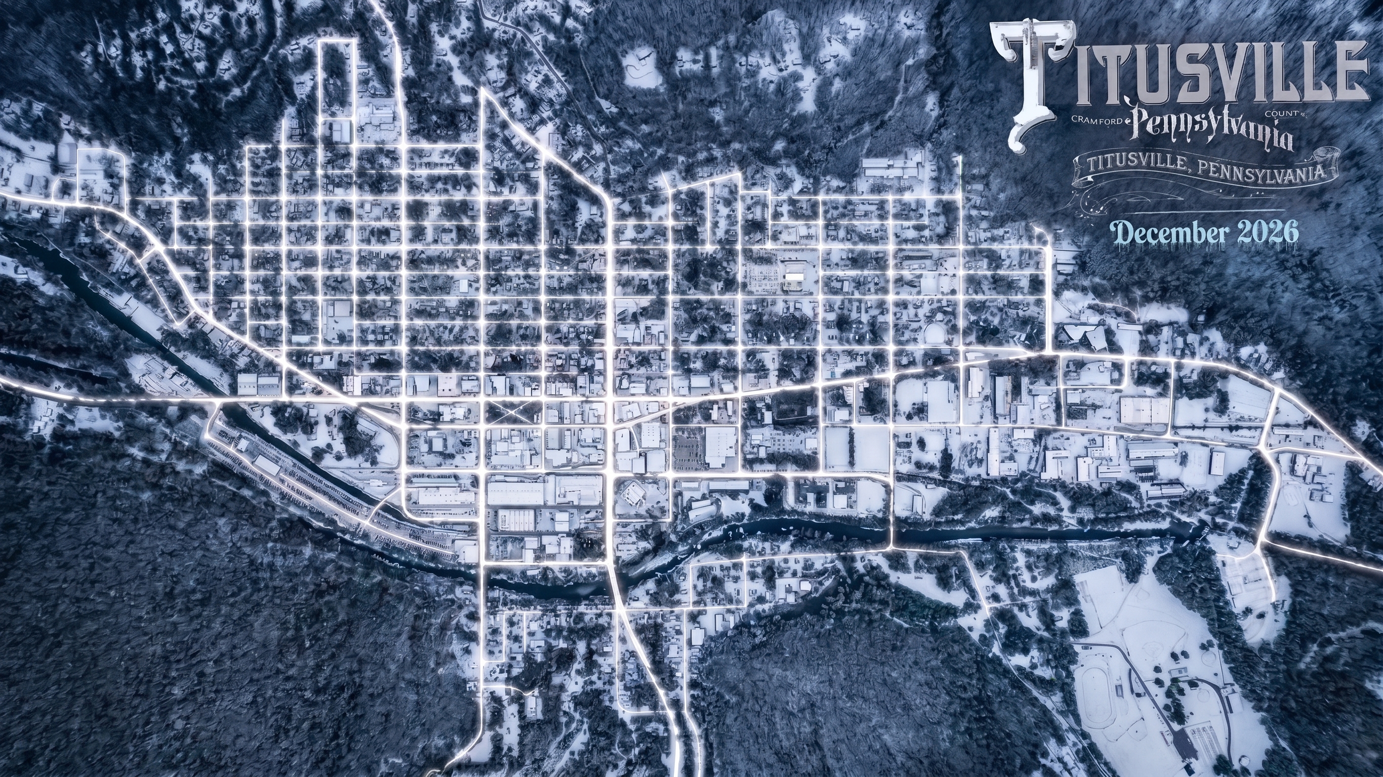 Aerial view of Titusville, Pennsylvania under snow, December 2026